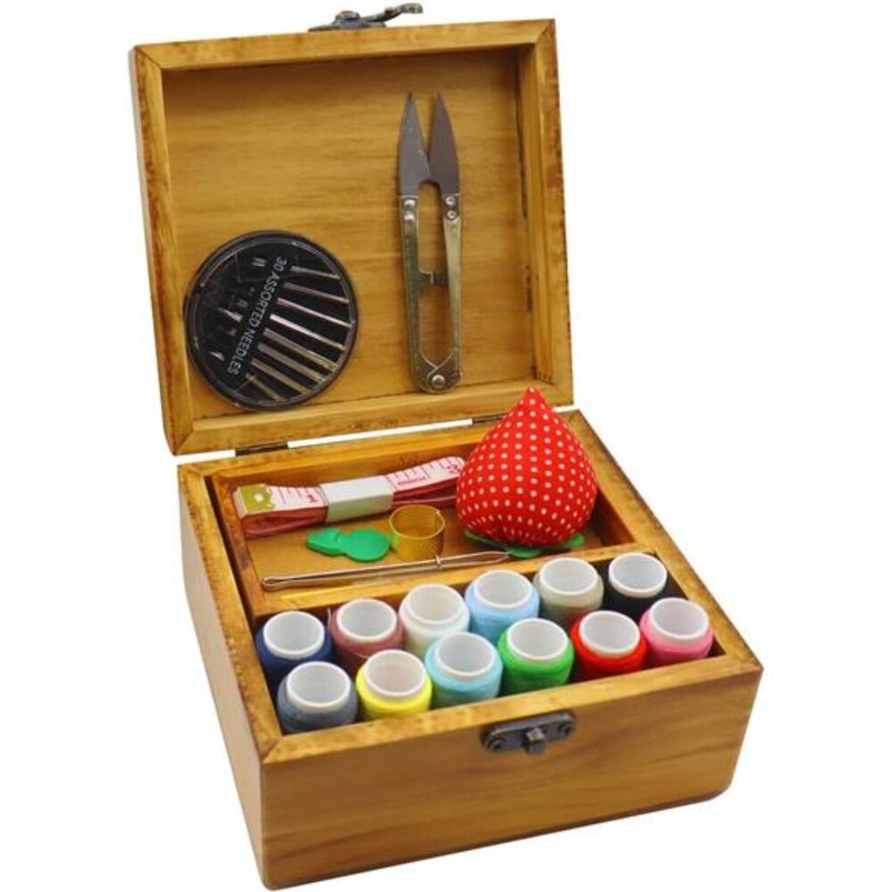 Sewing Kit Small Box Basket Wooden Hand Home Sewing Repair Tool Kit
